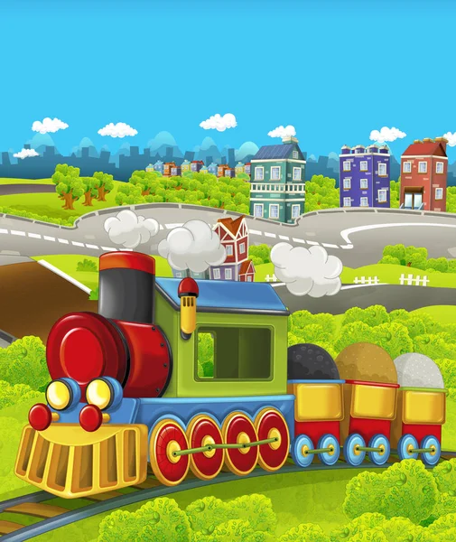 Cartoon funny looking steam train going through the city - illustration for children