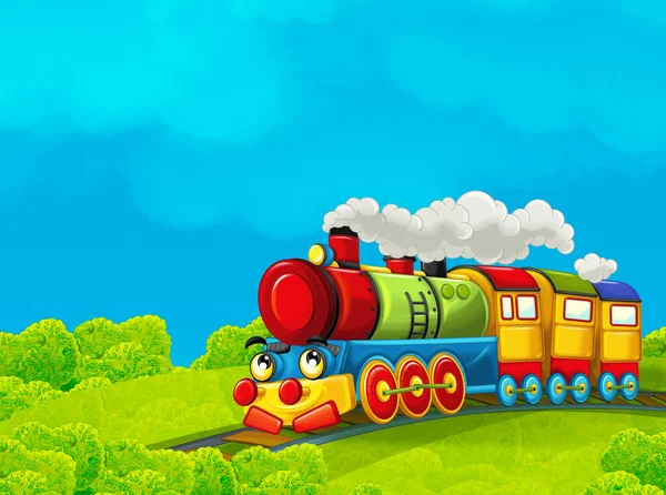 Cartoon funny looking steam train going through the city - illustration for children