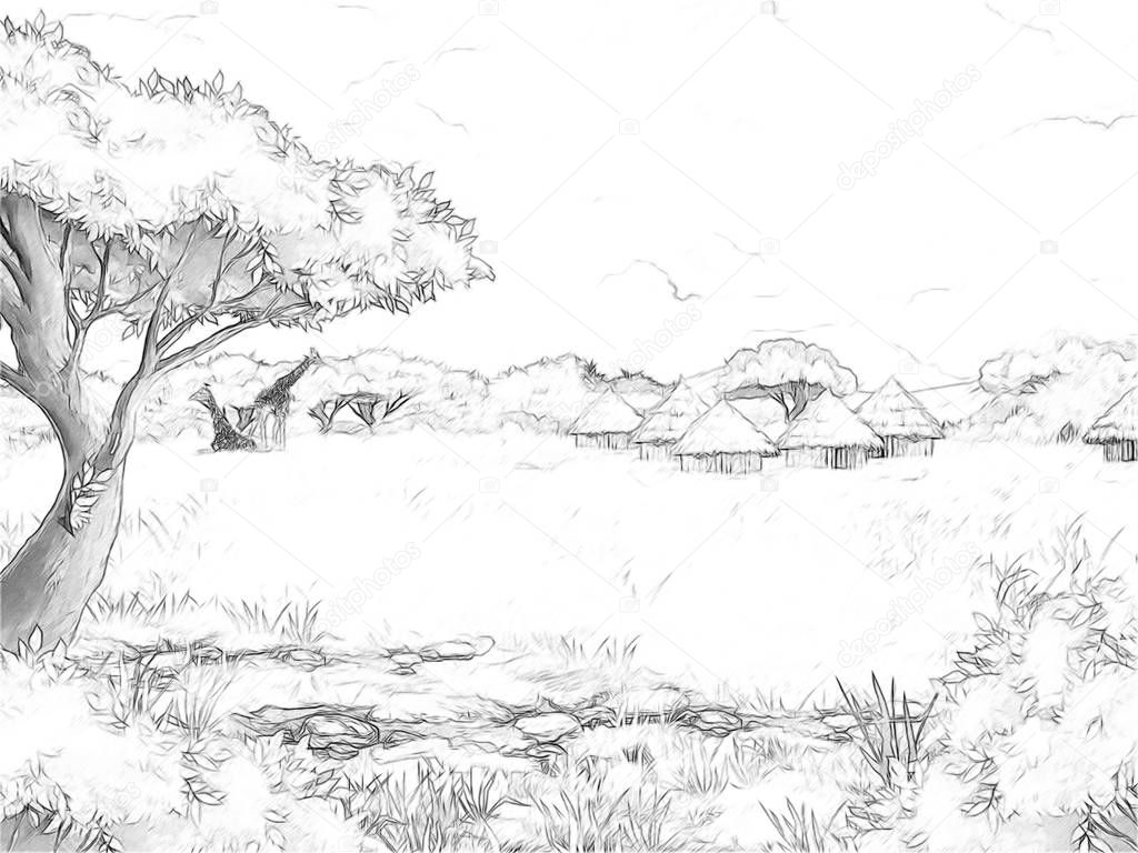 cartoon scene with koba lychee on the meadow with village in the background with coloring page illustration for children