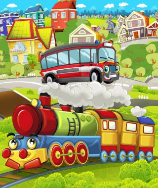 Karikatür komik görünümlü buharlı tren şehir ve itfaiyeci araba sürüş geçiyor - çocuklar için illüstrasyon