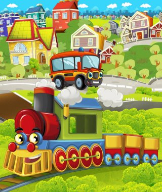 Karikatür komik görünümlü buharlı tren şehir ve itfaiyeci araba sürüş geçiyor - çocuklar için illüstrasyon