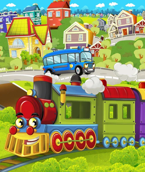 Desenhos animados engraçado olhando trem a vapor passando pela cidade e carro de polícia dirigindo por - ilustração para crianças — Fotografia de Stock
