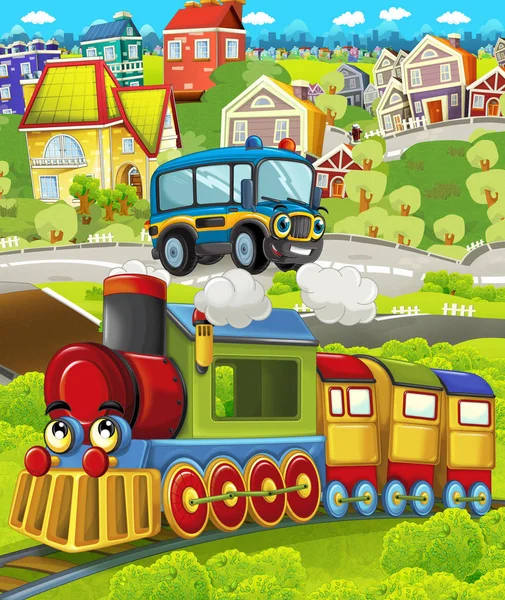 Karikatür komik görünümlü buharlı tren tarafından sürüş şehir ve polis arabası geçiyor - çocuklar için illüstrasyon
