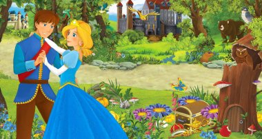 mutlu genç kız ve erkek prens ve prenses ile karikatür sahne bazı kaleler yakın ormanda - çocuklar için illüstrasyon