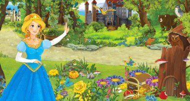 bazı kaleler yakınındaki ormanda mutlu genç kız prenses ile karikatür sahnesi - çocuklar için illüstrasyon