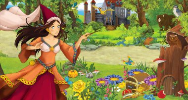 bazı kaleler yakınındaki ormanda mutlu genç kız prenses büyücü ile karikatür sahnesi - çocuklar için illüstrasyon