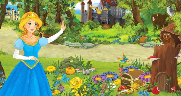 Καρτούν σκηνή με ευτυχισμένο νεαρό κορίτσι πριγκίπισσα στο δάσος κοντά σε μερικά κάστρα-απεικόνιση για τα παιδιά — Φωτογραφία Αρχείου