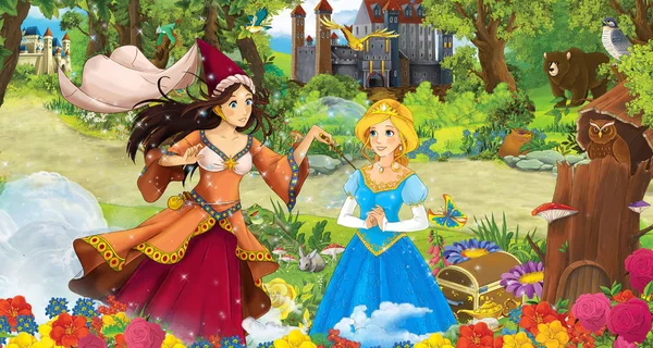 Cena Dos Desenhos Animados Com Jovem Princesa Feliz Feiticeira Floresta — Fotografia de Stock