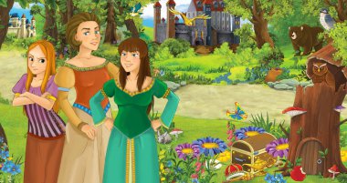 mutlu genç kız prenses ve bazı kaleler yakınındaki ormanda annesi ile karikatür sahnesi - çocuklar için illüstrasyon