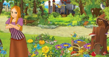 bazı kaleler yakınındaki ormanda mutlu genç kız prenses ile karikatür sahnesi - çocuklar için illüstrasyon