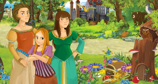 Escena de dibujos animados con la joven princesa feliz y su madre en el bosque cerca de algunos castillos - ilustración para los niños —  Fotos de Stock