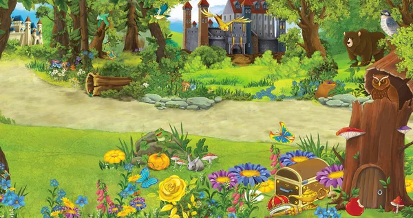 Ormanın yakınında güzel kaleleri olan çizgi film doğa sahnesi - çocuklar için çizim