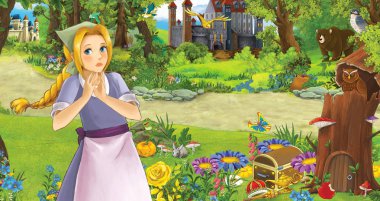 Bazı kalelerin yanında mutlu genç bir kızın olduğu karikatür sahnesi. Çocuklar için bir resim.