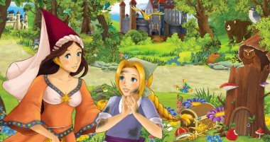 bazı kaleler yakınındaki ormanda mutlu genç kız prenses büyücü ile karikatür sahnesi - çocuklar için illüstrasyon