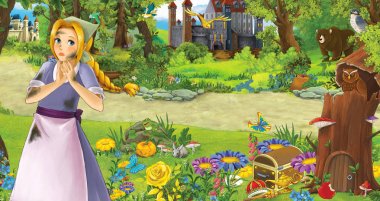 Bazı kalelerin yanında mutlu genç bir kızın olduğu karikatür sahnesi. Çocuklar için bir resim.