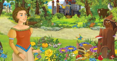 bazı kaleler yakınındaki ormanda mutlu genç kız prenses ile karikatür sahnesi - çocuklar için illüstrasyon