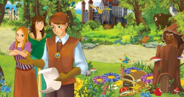 mutlu genç kız ve erkek prens ve prenses ile karikatür sahne bazı kaleler yakın ormanda - çocuklar için illüstrasyon