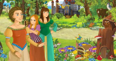 mutlu genç kız prenses ve bazı kaleler yakınındaki ormanda annesi ile karikatür sahnesi - çocuklar için illüstrasyon