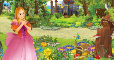 bazı kaleler yakınındaki ormanda mutlu genç kız prenses ile karikatür sahnesi - çocuklar için illüstrasyon