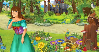 bazı kaleler yakınındaki ormanda mutlu genç kız prenses ile karikatür sahnesi - çocuklar için illüstrasyon