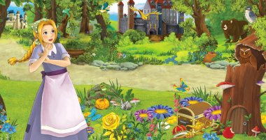 Bazı kalelerin yanında mutlu genç bir kızın olduğu karikatür sahnesi. Çocuklar için bir resim.