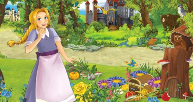 Bazı kalelerin yanında mutlu genç bir kızın olduğu karikatür sahnesi. Çocuklar için bir resim.