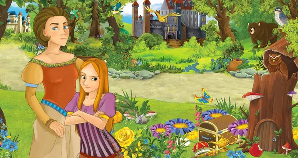 Scena kreskówki z szczęśliwą młodą dziewczyną księżniczka i jej matka w lesie w pobliżu niektórych zamków-ilustracja dla dzieci — Zdjęcie stockowe