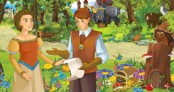 Kreslená scéna s šťastnou mladou dívkou a chlapským princem a princeznou v lese nedaleko některých hradů-ilustrace pro děti — Stock fotografie
