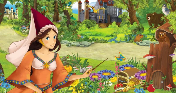 Cartoon scene with happy young girl princess sorceress in the forest near some castles - illustration for children — Stock Photo, Image