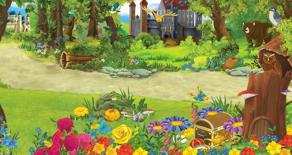 Cartoon nature scene with beautiful castles near the forest - illustration for the children — Stock Photo, Image