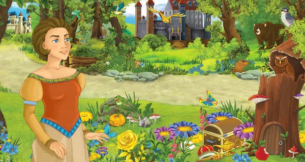 いくつかの城の近くの森の中で幸せな若い女の子の王女と漫画のシーン - 子供のためのイラスト — ストック写真