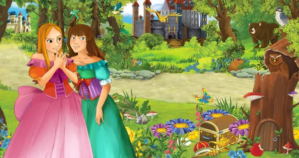 Escena de dibujos animados con la joven princesa feliz en el bosque cerca de algunos castillos - ilustración para los niños —  Fotos de Stock