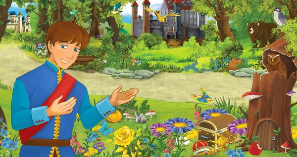 Cartoon scène met gelukkige jonge prins of koning in het bos in de buurt van sommige kastelen-illustratie voor kinderen — Stockfoto