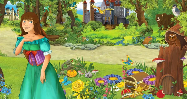 bazı kaleler yakınındaki ormanda mutlu genç kız prenses ile karikatür sahnesi - çocuklar için illüstrasyon