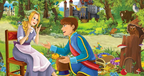 Scène de dessin animé avec heureuse jeune fille et garçon prince et princesse dans la forêt près de certains châteaux illustration pour les enfants — Photo