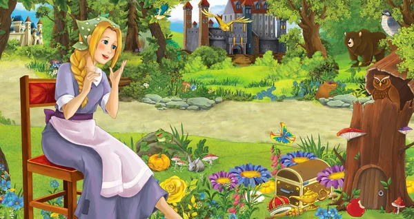 Scena del cartone animato con felice ragazza nella foresta vicino ad alcuni castelli - illustrazione per bambini — Foto Stock