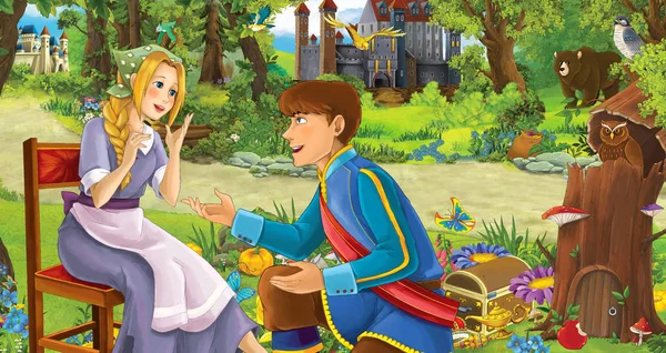Kreslená Scéna Šťastnou Mladou Dívkou Chlapským Princem Princeznou Lese Nedaleko — Stock fotografie