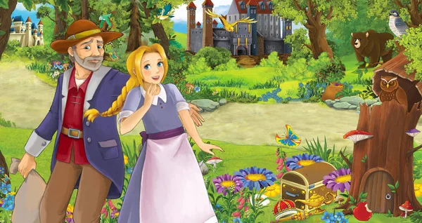 Scena dei cartoni animati con felice ragazza con suo padre nella foresta incontrando coppia di gufi che volano - illustrazione per bambini — Foto Stock