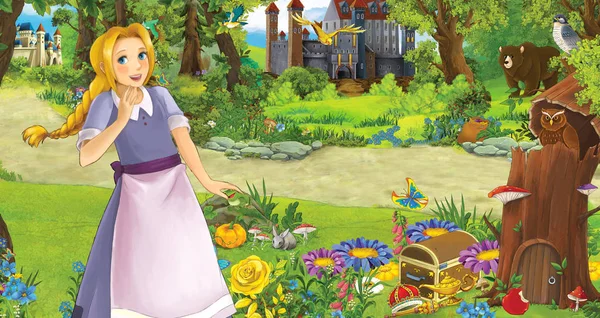 Bazı kalelerin yanında mutlu genç bir kızın olduğu karikatür sahnesi. Çocuklar için bir resim.