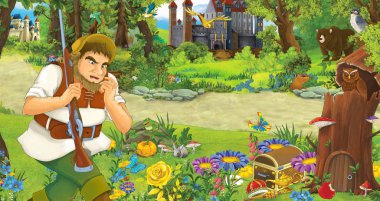 yaşlı adam çiftçi veya avcı ormanda iki kale karşılaşan ile karikatür sahne - çocuklar için illüstrasyon