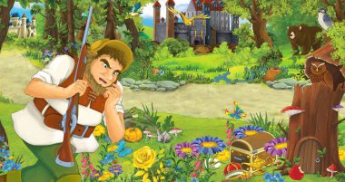 yaşlı adam çiftçi veya avcı ormanda iki kale karşılaşan ile karikatür sahne - çocuklar için illüstrasyon