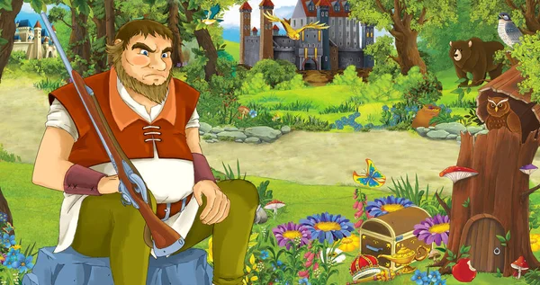 Escena de dibujos animados con un hombre mayor agricultor o cazador en el bosque que se encuentra con dos castillos - ilustración para niños — Foto de Stock