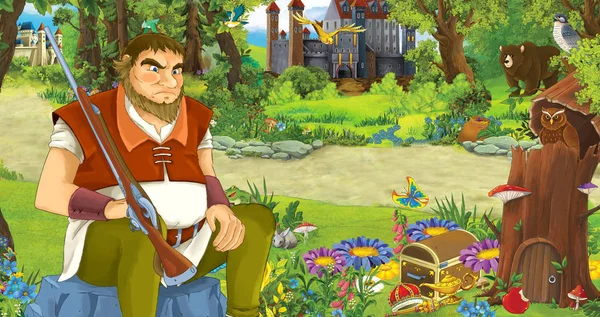 cartoon scene with older man farmer or hunter in the forest encountering two castles - illustration for children