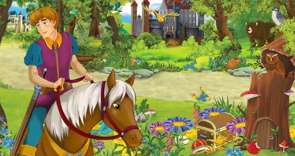 Escena de dibujos animados con el joven príncipe feliz montar a caballo en el bosque encuentro par de búhos volando - ilustración para los niños —  Fotos de Stock