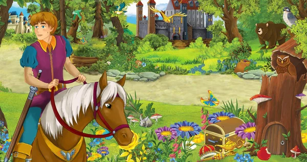 Мультяшная сцена с счастливым юным принцем верхом на лошади в лесу, встречая два замка - иллюстрация для детей — стоковое фото