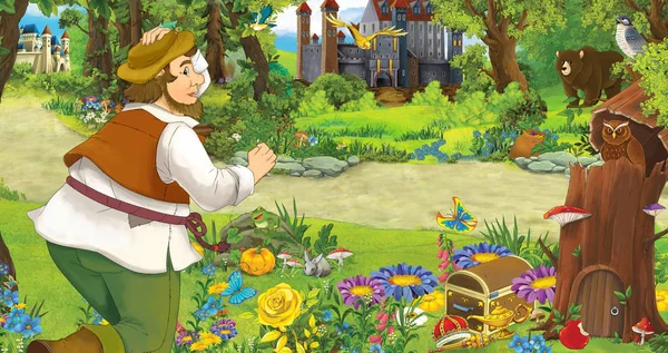 卡通场景与老人农民或猎人在森林中遇到两个城堡 - 插图为儿童 — 图库照片