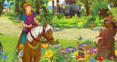 ormanda ata binen mutlu genç çocuk prens ile karikatür sahnesi iki kale karşılaşan - çocuklar için illüstrasyon