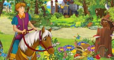 ormanda ata binen mutlu genç çocuk prens ile karikatür sahnesi iki kale karşılaşan - çocuklar için illüstrasyon