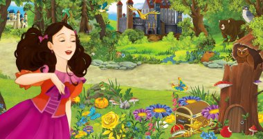 ormanda bazı kaleler yakınında ormanda genç kız prenses ile karikatür sahnesi - çocuklar için illüstrasyon