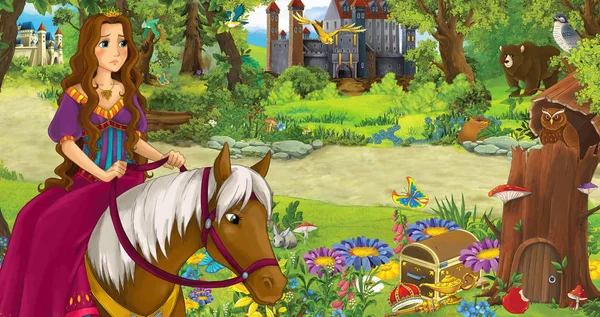 Escena de dibujos animados con el joven príncipe feliz montar a caballo en el bosque con dos castillos - ilustración para los niños — Foto de Stock